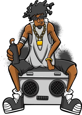Hình vẽ hoạt hình một người đàn ông da màu phong cách hip hop đeo kính râm, hút thuốc, cầm bình xịt, ngồi trên boombox.