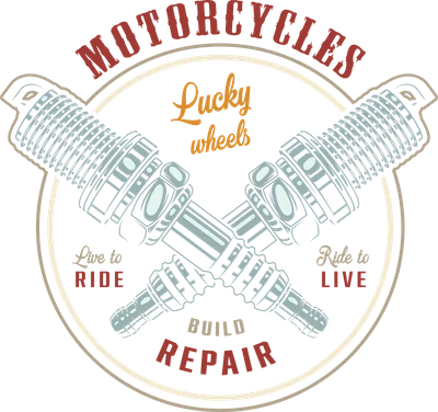 Hình minh họa bugi xe máy bắt chéo phong cách cổ điển với chữ Motorcycles Lucky Wheels