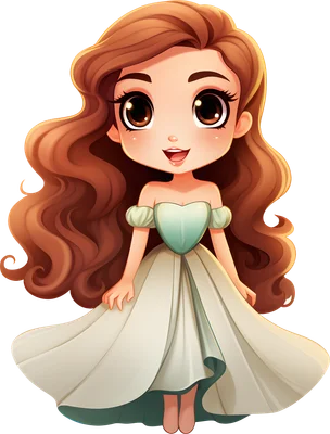 Hình ảnh cô gái hoạt hình chibi tóc nâu dài, mặc váy xanh mint trắng, đôi mắt to tròn đáng yêu, đang mỉm cười.