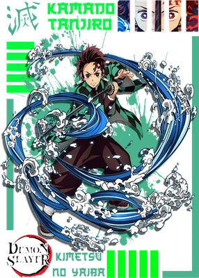 Hình ảnh Kamado Tanjiro từ Demon Slayer đang sử dụng kỹ năng nước để chiến đấu, với các chi tiết mắt nhân vật và logo truyện.