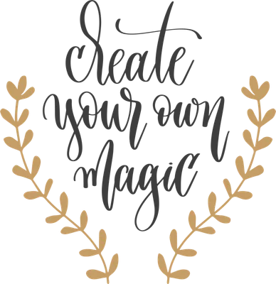 Chữ viết tay "Create your own magic" với cành lá vàng hai bên trên nền xám.