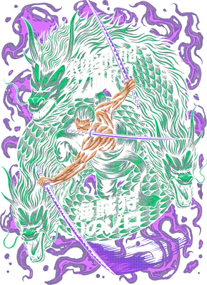 Hình in Roronoa Zoro cầm kiếm cùng rồng xanh bao quanh phong cách anime mạnh mẽ