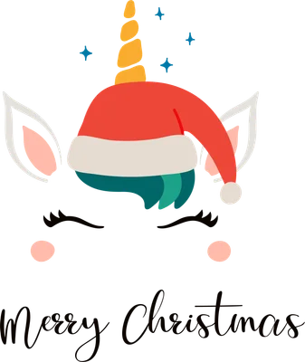 Hình ảnh kỳ lân đội mũ ông già Noel, mắt nhắm, má hồng, có chữ 'Merry Christmas' bên dưới.