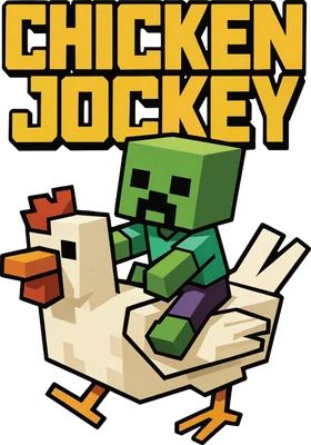 Hình ảnh zombie Creeper phong cách Minecraft đang cưỡi trên lưng một con gà, với chữ 'CHICKEN JOCKEY' phía trên.