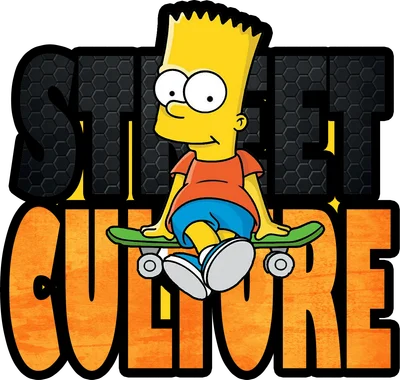 Hình ảnh Bart Simpson từ The Simpsons ngồi trên ván trượt, với chữ 'Street Culture' phía sau.