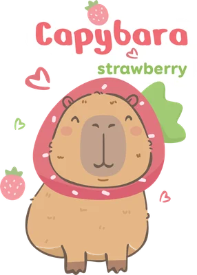 Hình vẽ hoạt hình chibi capybara màu nâu đội mũ dâu tây màu hồng, có chữ Capybara strawberry và trái dâu trang trí.
