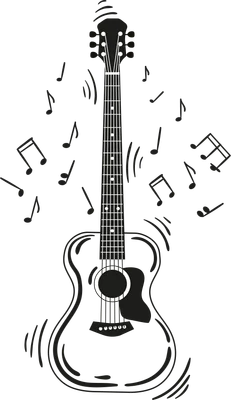Hình ảnh minh họa guitar acoustic màu đen với các nốt nhạc bay lượn xung quanh trên nền xám.