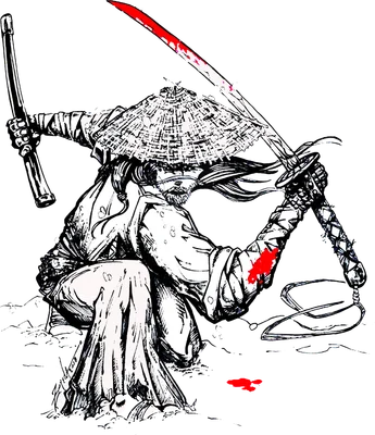 Hình vẽ chiến binh Samurai đội nón lá, cầm hai thanh kiếm, một thanh kiếm có máu đỏ chảy xuống.