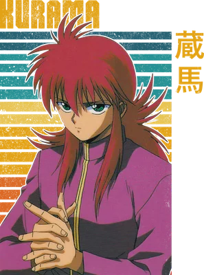 Hình ảnh nhân vật anime Kurama với mái tóc đỏ rực, đôi mắt xanh lá sắc sảo, mặc áo khoác tím, tay chắp trước ngực.
