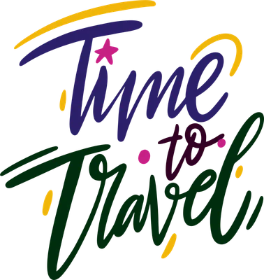 Hình ảnh chữ "Time to Travel" viết tay với phong cách thư pháp, màu sắc rực rỡ trên nền xám.