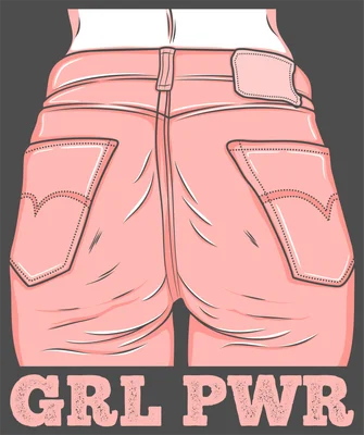 Hình minh họa phần dưới cơ thể phụ nữ mặc quần jeans màu hồng nhạt từ phía sau, có chữ 'GRL PWR' màu hồng bên dưới.