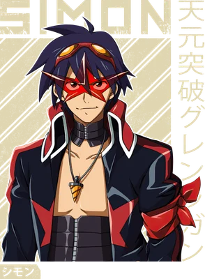 Simon từ anime Gurren Lagann với kính bảo hộ đỏ và mặt nạ hình ngôi sao đỏ, mặc áo khoác đen đỏ.