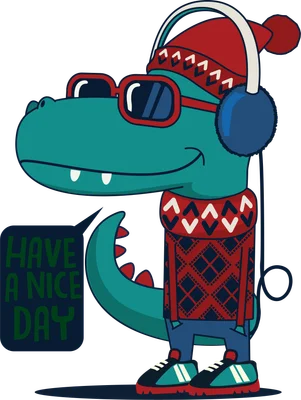 Hình ảnh khủng long hoạt hình đội mũ đỏ, đeo kính râm, tai nghe và áo len, đang nói 'Have a nice day'.