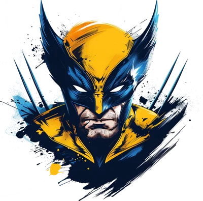 Hình ảnh Wolverine trong trang phục xanh vàng, phong cách truyện tranh với hiệu ứng vệt mực.