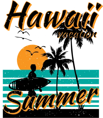 Hình minh họa phong cách vintage về kỳ nghỉ Hawaii mùa hè với người lướt sóng, cây dừa, hoàng hôn và chữ 'Hawaii vacation Summer'.