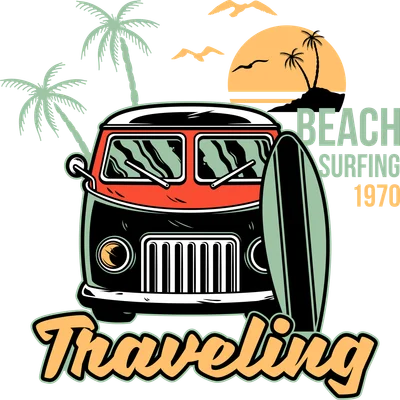 Hình in xe bus cổ điển với ván lướt sóng, phong cách retro mùa hè
