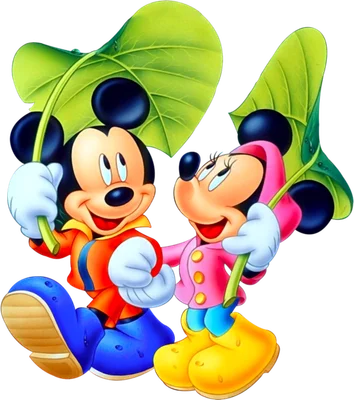 Hình hoạt hình Mickey và Minnie Mouse vui vẻ che mưa bằng lá cây xanh, trang phục nhiều màu sắc trên nền xám.