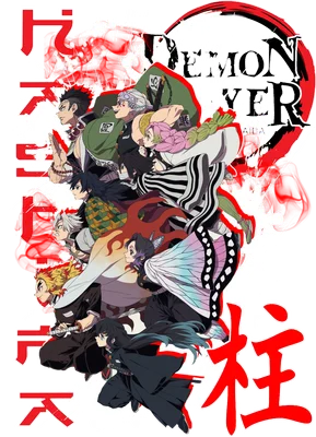 Nhóm nhân vật anime Demon Slayer đứng cùng nhau, với chữ "Demon Slayer" và các ký tự Nhật Bản.