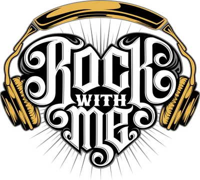 Logo "Rock With Me" với tai nghe vàng và chữ Gothic trắng đen trên nền xám.