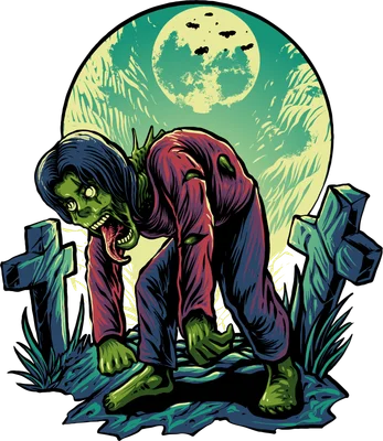 Hình minh họa zombie đáng sợ đang bò trong nghĩa địa dưới ánh trăng tròn phong cách vẽ tay