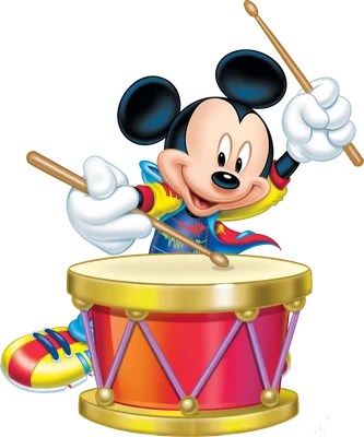 Chuột Mickey hoạt hình đang đánh trống với trang phục nhiều màu sắc, biểu cảm vui vẻ.