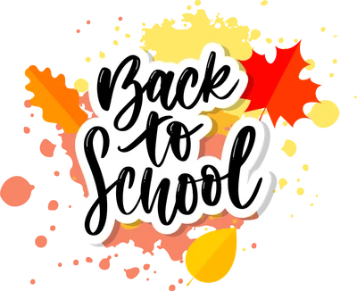 Chữ viết tay 'Back to School' với hiệu ứng đổ màu và lá thu vàng, đỏ, cam trên nền xám.