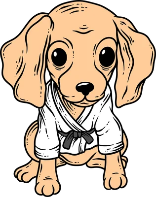 Hình vẽ chú chó con màu vàng nhạt, mắt to tròn đen, mặc áo võ phục karate trắng có đai đen.
