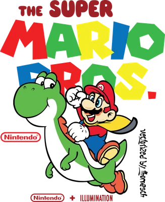 Hình ảnh Mario và Yoshi từ Super Mario Bros. trên nền xám.