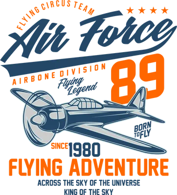 Hình in máy bay cổ điển màu xanh cam với chữ Air Force, Flying Adventure trên nền xám, phong cách retro.