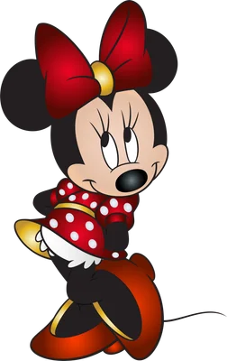 Hình ảnh Minnie Mouse hoạt hình đáng yêu trong trang phục váy và nơ đỏ chấm bi, tạo dáng vui tươi trên nền xám.