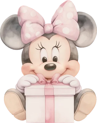 Hình vẽ Minnie Mouse hoạt hình dễ thương phong cách màu nước, đang ôm một hộp quà màu trắng với nơ hồng.