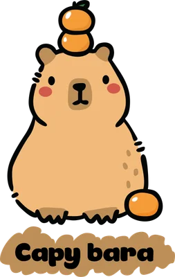 Hình vẽ hoạt hình capybara màu nâu cam dễ thương đội hai quả cam trên đầu, có chữ Capy bara.