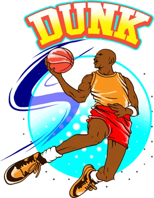 Hình minh họa cầu thủ bóng rổ da màu đang úp rổ, mặc áo cam quần đỏ, với chữ DUNK lớn và nền xanh neon.
