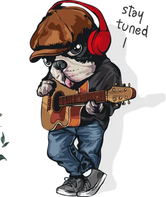 Chú chó hoạt hình đeo tai nghe chơi guitar phong cách cool ngầu
