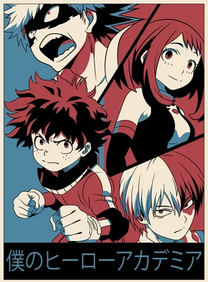 Bốn nhân vật anime My Hero Academia: Deku, Bakugo, Ochaco, Todoroki, với phong cách đồ họa tối giản.