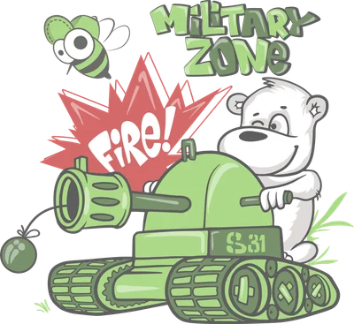 Hình vẽ hoạt hình gấu trắng dễ thương lái xe tăng màu xanh lá, có ong bay và chữ Military Zone.
