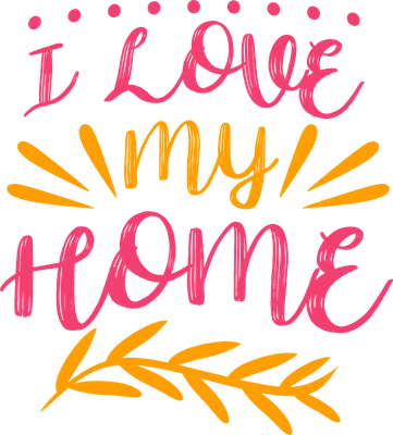 Thiết kế chữ "I LOVE MY HOME" màu hồng và cam trên nền xám, có họa tiết lá cây.