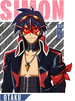 Simon The Spiral King, nhân vật anime với mái tóc đen, đeo kính bảo hộ và mặt nạ hình ngôi sao đỏ.