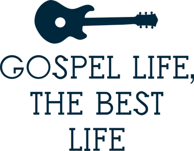 Hình ảnh chữ "GOSPEL LIFE, THE BEST LIFE" với biểu tượng cây đàn guitar màu xanh đậm phía trên.