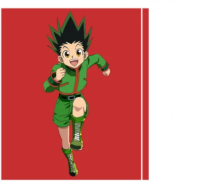 Hình ảnh nhân vật anime Gon Freecss trong trang phục xanh lá cây, đang chạy với biểu cảm vui vẻ.