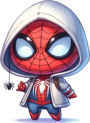 Hình minh họa Người Nhện chibi đội áo hoodie trắng, có ba lô và một con nhện nhỏ treo lủng lẳng bên cạnh, phong cách hoạt hình dễ thương.