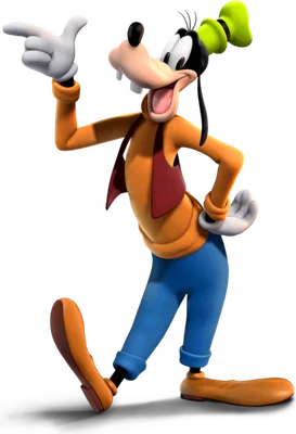 Hình ảnh 3D nhân vật Goofy của Disney đang cười tươi và chỉ tay, mặc áo cam, quần xanh, mũ xanh lá.