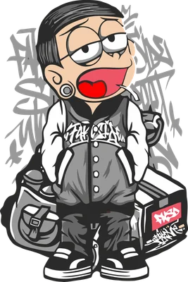 Hình vẽ nhân vật hoạt hình nam phong cách hiphop, đeo khuyên tai, ngậm tăm, mặc áo khoác bomber, đứng cạnh túi xách và thùng đồ.