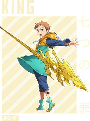 Hình ảnh nhân vật King từ anime The Seven Deadly Sins, mặc trang phục xanh vàng, cầm giáo vàng, với chữ "KING" và chữ Nhật.