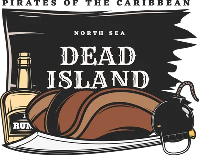 Hình ảnh minh họa chủ đề cướp biển với chai rượu rum, mũ, quả bom và dòng chữ 'Dead Island'