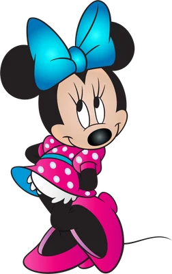 Hình ảnh hoạt hình Minnie Mouse đáng yêu mặc váy hồng chấm bi trắng, nơ xanh lớn trên đầu, tạo dáng vui tươi.