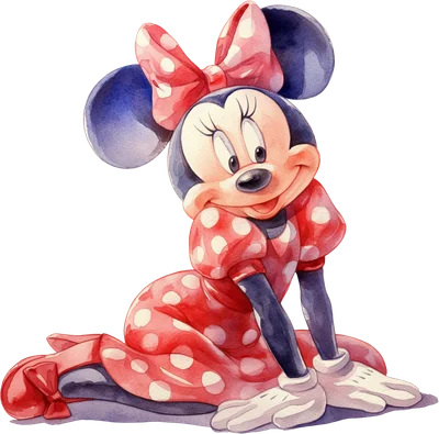 Hình ảnh Minnie Mouse hoạt hình dễ thương ngồi, mặc váy chấm bi đỏ, nơ đỏ, vẽ theo phong cách màu nước.