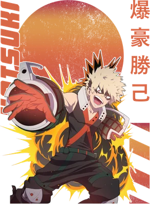 Hình ảnh nhân vật anime Bakugo Katsuki với biểu cảm mạnh mẽ, tay cầm thiết bị phát nổ, xung quanh là hiệu ứng lửa.
