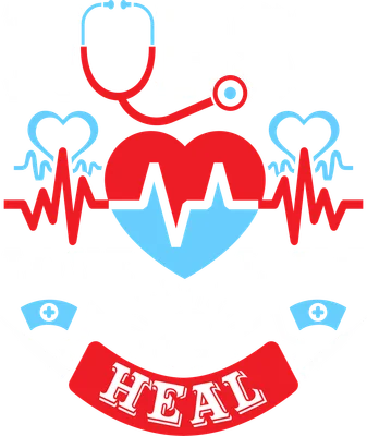 Hình ảnh thiết kế chữ 'NURSE LOVE LIVE & HEAL' với biểu tượng y tế như ống nghe, tim, nhịp tim, mũ y tá và ống tiêm.