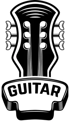 Logo đàn guitar cổ điển màu đen trắng với chữ GUITAR